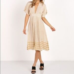 Faithfull the Brand Mustang Yellow‎ Stripe Open Back Tie Deep V Midi Dress